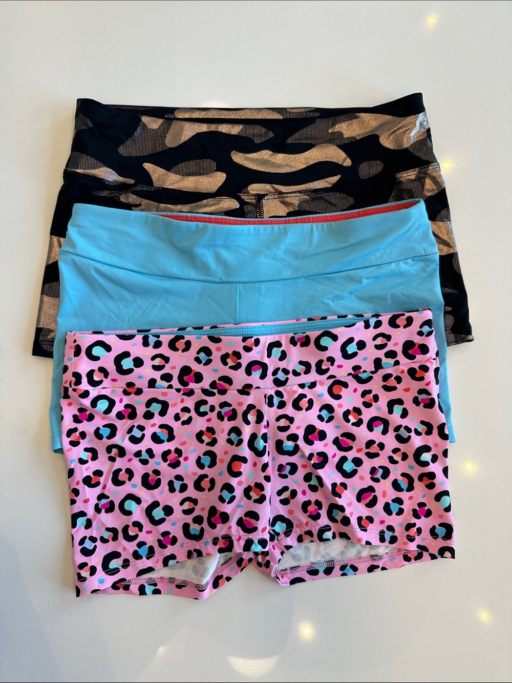 Kids Dance/Active Shorts 3 piece set—Pink Leopard, Solid Blue & Black/Gold Camo